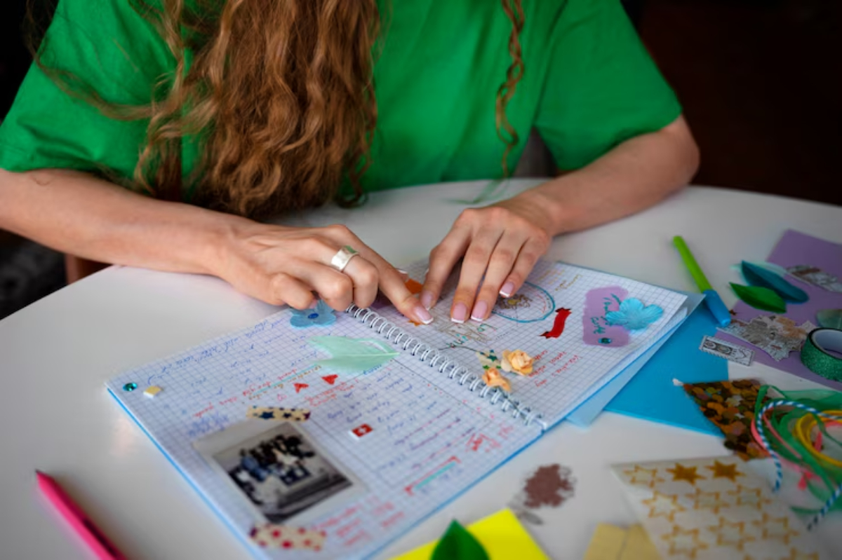 A person in a green shirt decorates a scrapbook with stickers and notes, surrounded by crafting materials on a table.