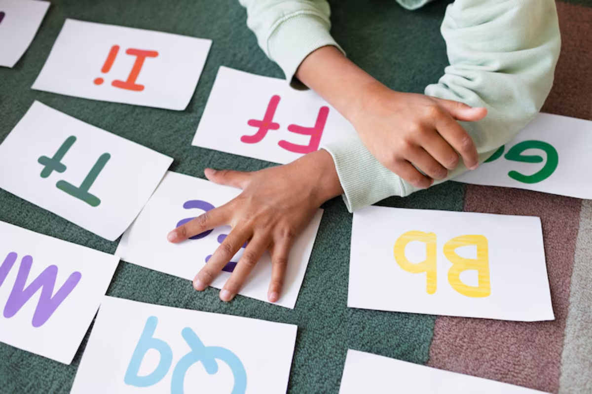 A child's hand rests on colorful alphabet cards spread out on a green carpet, engaged in a learning activity.