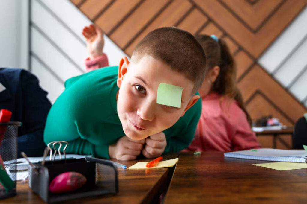 A child in a green sweater leans over a wooden table covered with stationery, focused on writing notes in a classroom setting.