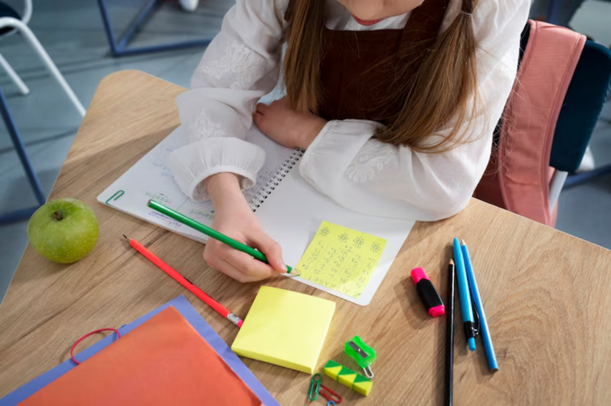 A student writes notes in a notebook, surrounded by colorful pens, sticky notes, an apple, and stationery items on a wooden desk.