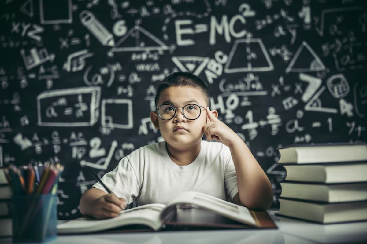 A child thoughtfully studies an open book, surrounded by stacked textbooks and mathematical formulas on a chalkboard background.