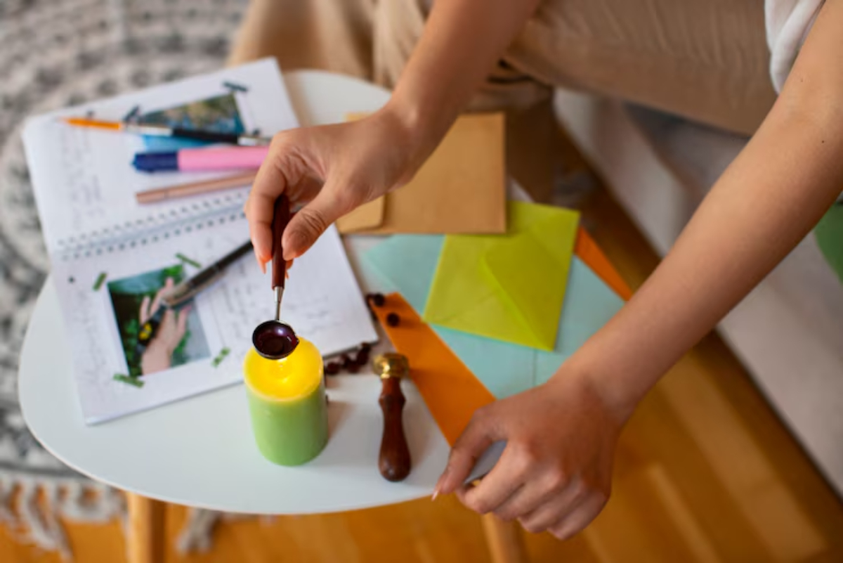 A hand drips purple wax from a spoon onto a lit green and yellow candle, surrounded by colorful envelopes and notebooks on a table.