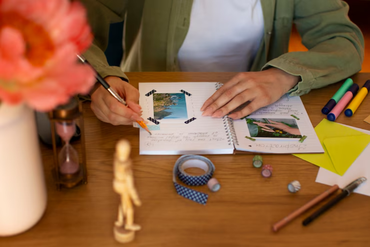 A hand writes in a notebook with photos, surrounded by colorful markers, decorative tape, and a pink flower in a vase.