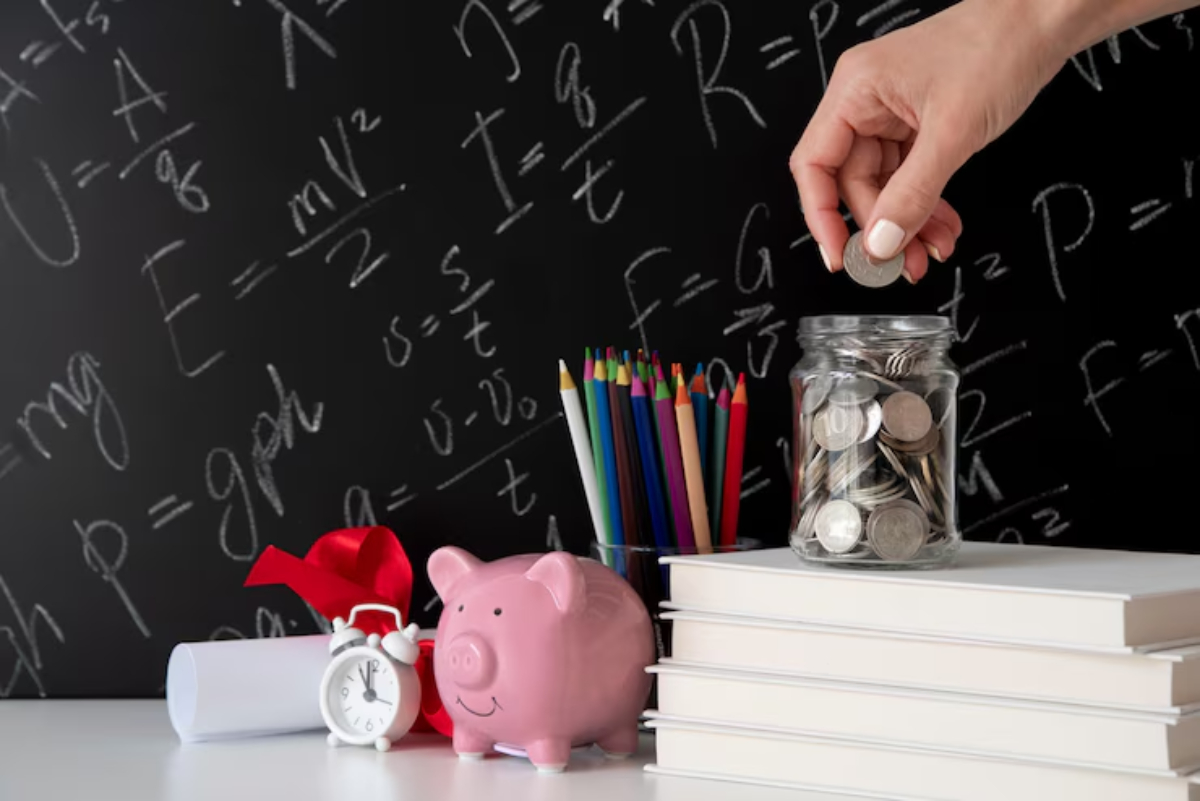 A hand drops a coin into a jar filled with coins, surrounded by books, colorful pencils, a piggy bank, and scientific equations on a blackboard.