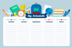 Colorful weekly planner with sections for each day, surrounded by school supplies, a backpack, and educational imagery.