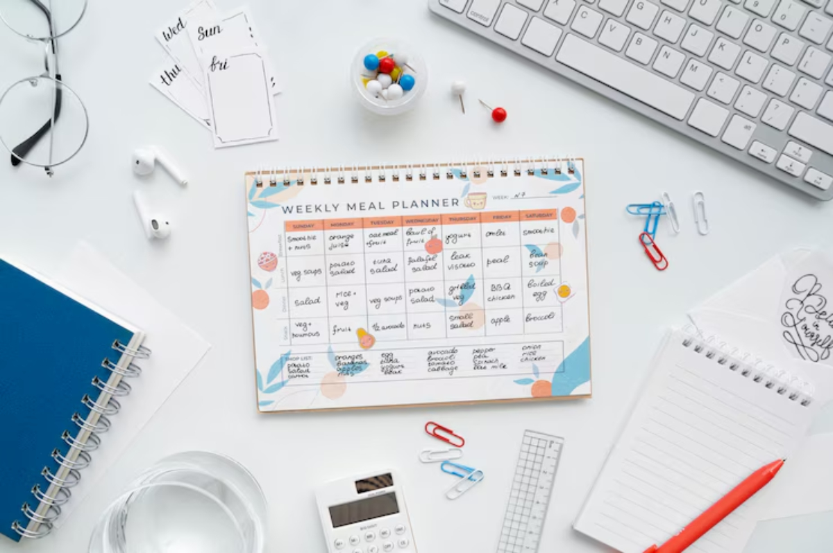 Flat lay of a weekly meal planner with lists, stationery, a keyboard, and clear glass, organized for meal prep and planning.