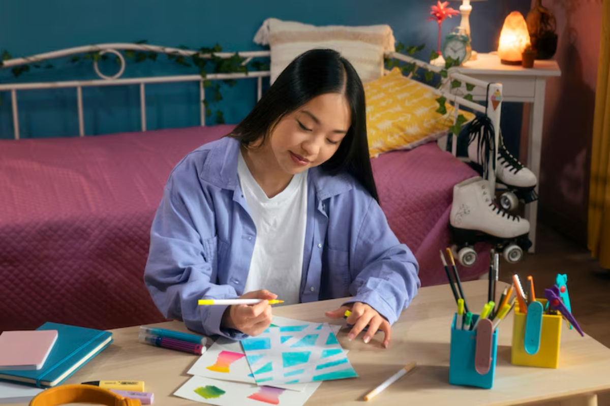 A person sitting at a desk, drawing with markers on white paper, surrounded by colorful stationery in a cozy bedroom setting.