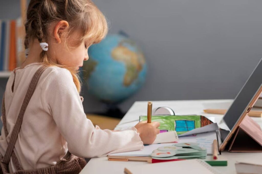 A young child engaged in creative drawing at a desk, with colorful artwork and a globe in the background.