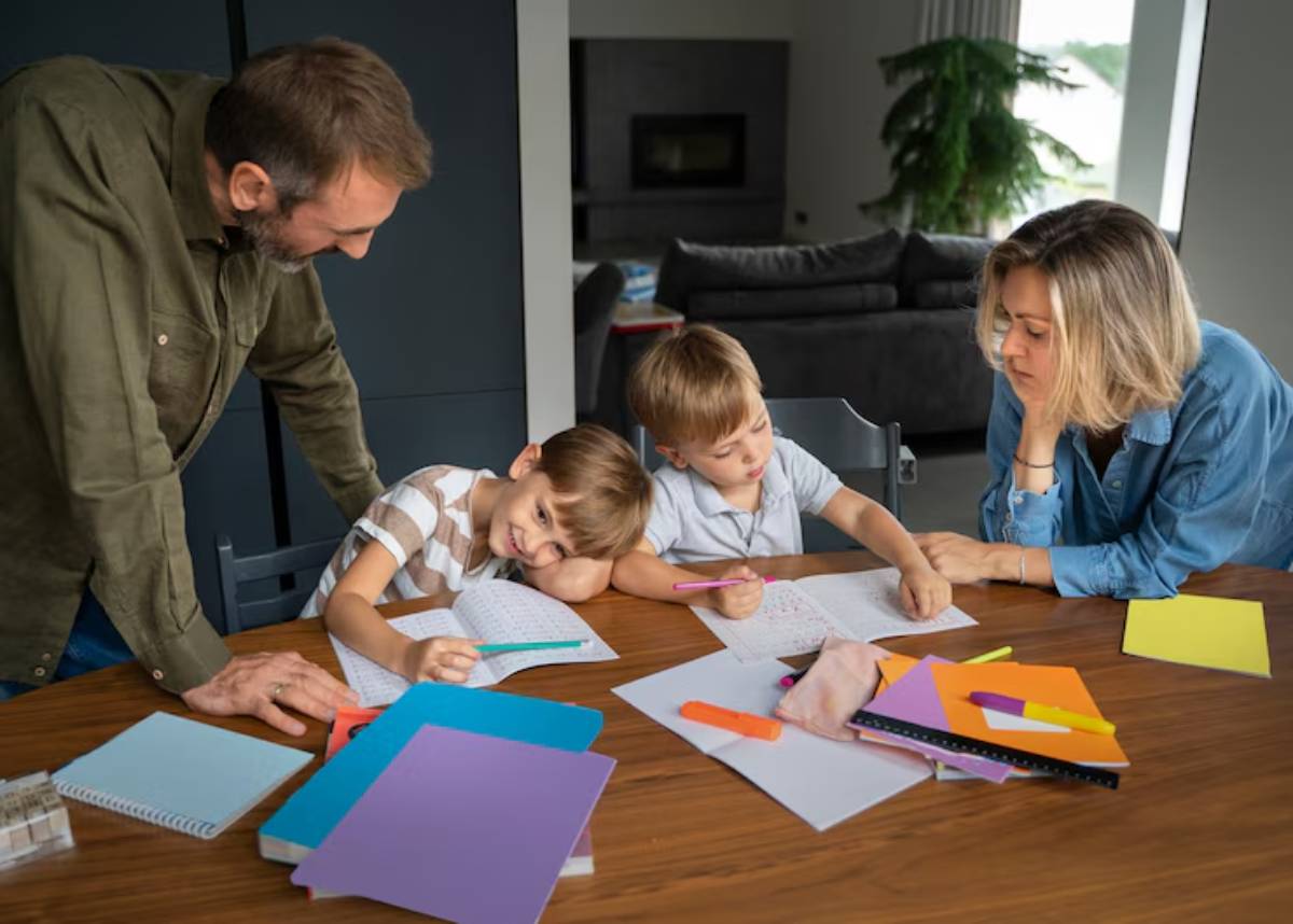 A family of four engages in a creative activity at a table cluttered with colorful papers and art supplies in a modern living space.