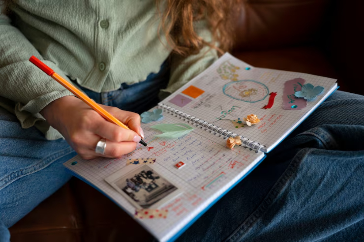 A person writes in a decorated notebook with colorful stickers and notes, seated on a couch in casual clothing.