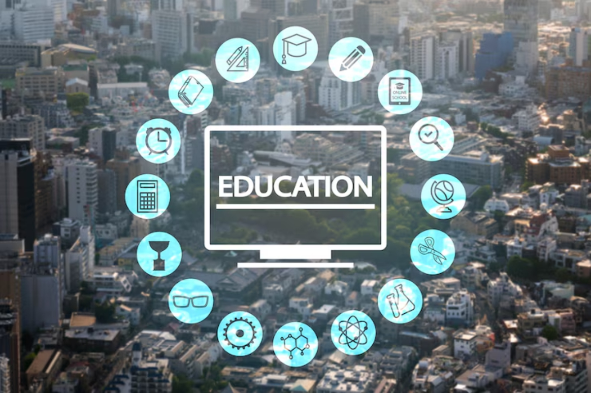 A city skyline with a central computer screen displaying EDUCATION, surrounded by icons representing various educational tools and subjects.