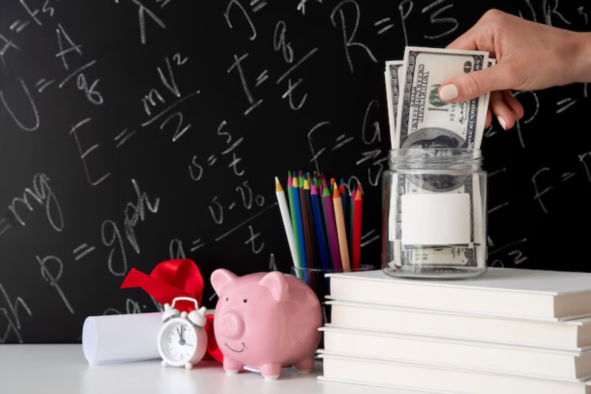 A hand places cash into a jar on a desk with books, a piggy bank, a clock, and colorful pencils, against a blackboard of equations.