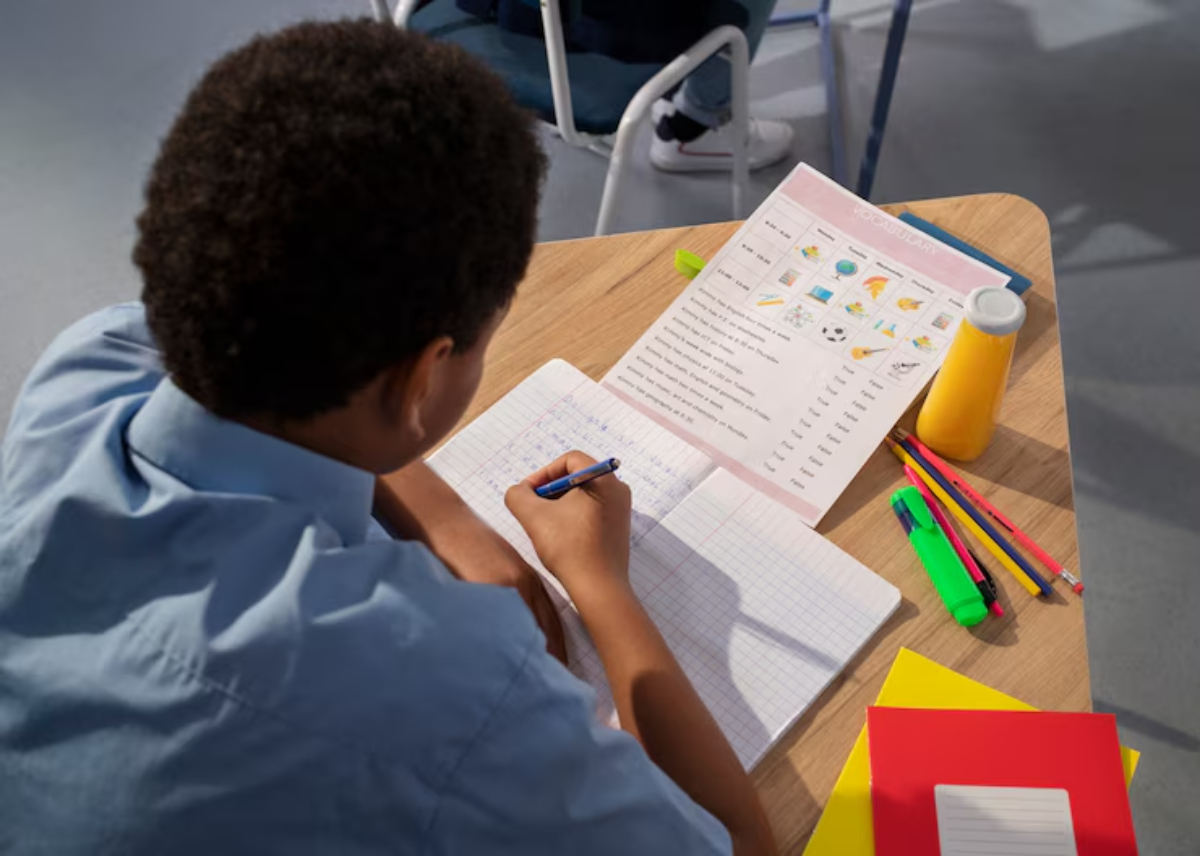 A student in a blue shirt writes in a notebook, surrounded by colorful pens and a worksheet with illustrations on a wooden desk.